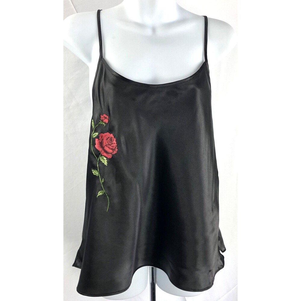 Vintage Cami Top M Blk Satin Embroidered Roses Adjustable Fairy Y2K WhimsiGoth